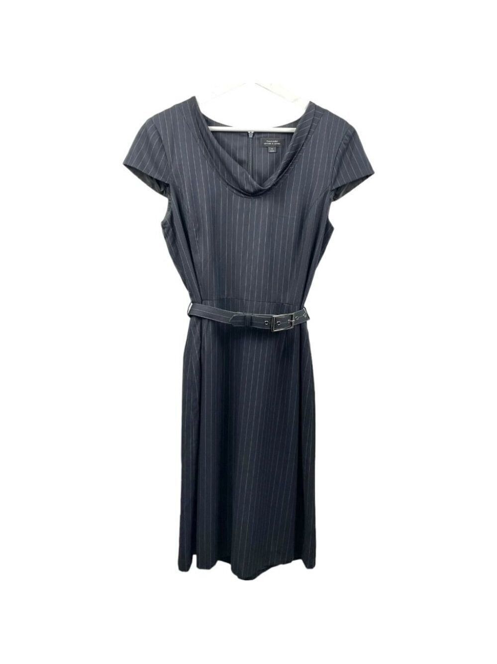 ** Tahari Navy Pinstriped Cowl Neck Cap Sleeve Pencil Suit Dress Size 8 - Picture 2 of 7